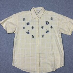 Vtg Maggie & Max Womens Yellow Plaid Floral Embroidered Cotton Button Shirt L